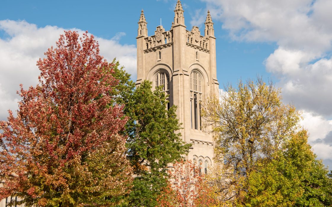 trees in fall in front of Skinner Chapel
