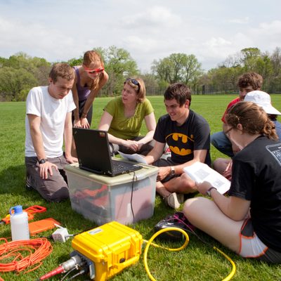 A Geology class performing fieldwork