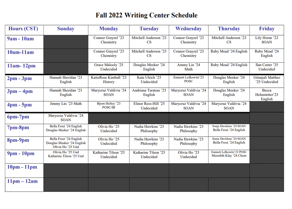Fall 22 Writing Center Schedule