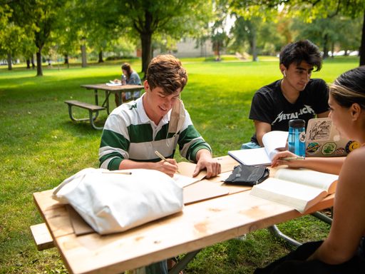 Students reading and writing at a picnic table