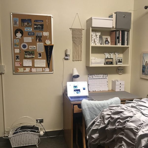Image of desk and bed in a single room in Myers Res Hall