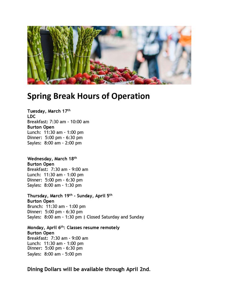 Spring Break 2020 Hours of Operation