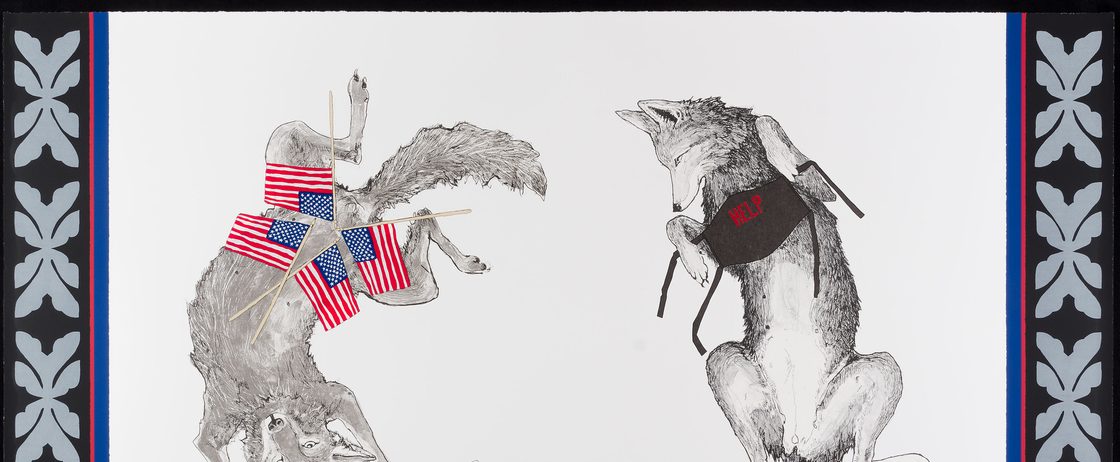 a print of two foxes, one festooned with american flags, the other holding a covid facemask reading 