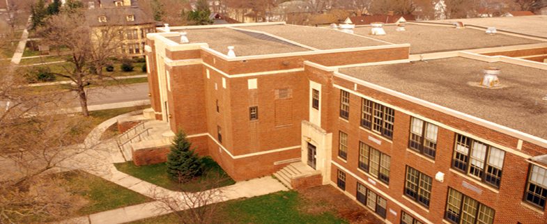 An aerial shot of the former Northfield Middle School, now home to the Weitz Center for creativity.