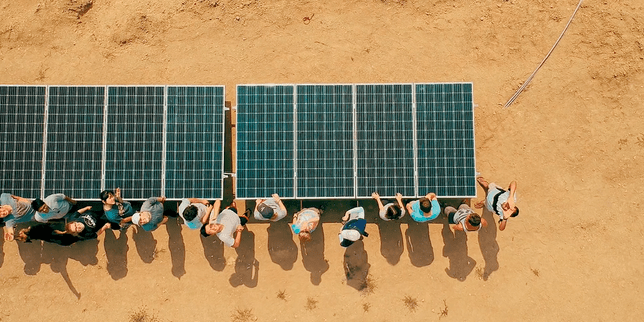 Overhead images of students and solar panels