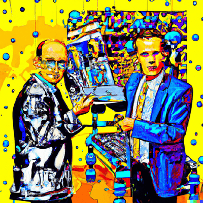 Image created by Dall-E from the prompt "create a pop art painting of professors experimenting with AI tools