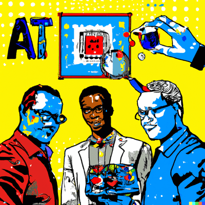 Image created by Dall-E from the prompt "create a pop art painting of professors experimenting with AI tools