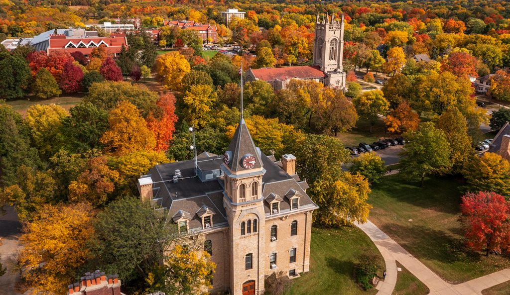 Aerial view of the Carleton campus on an autumn day