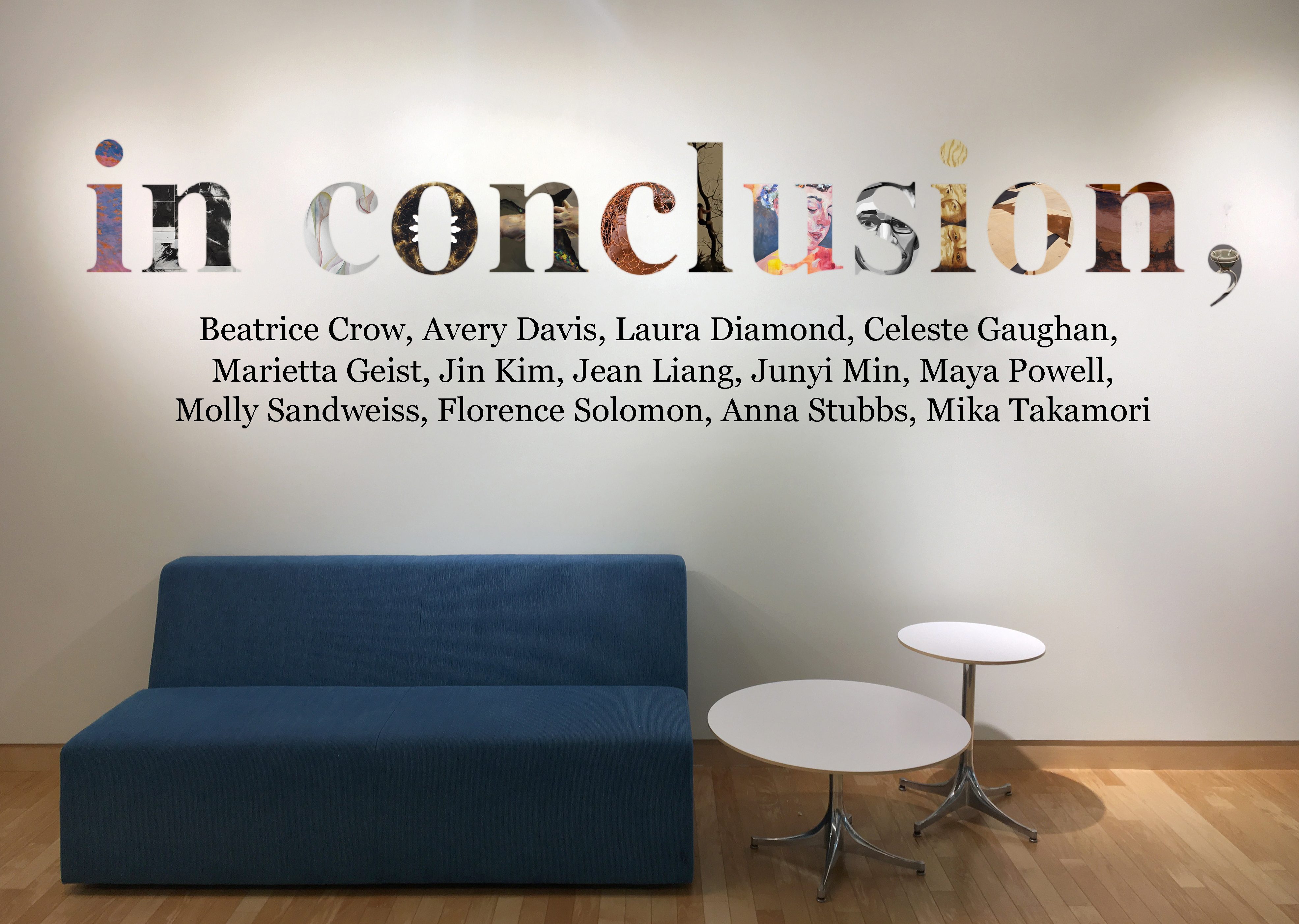 image of a couch and table with the words "in conclusion" and a list of artist's names