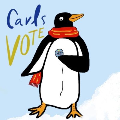 Penguin with voting sticker alongside text reading 