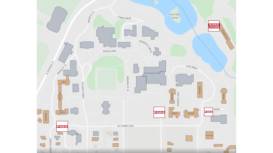 map of the pods on campus