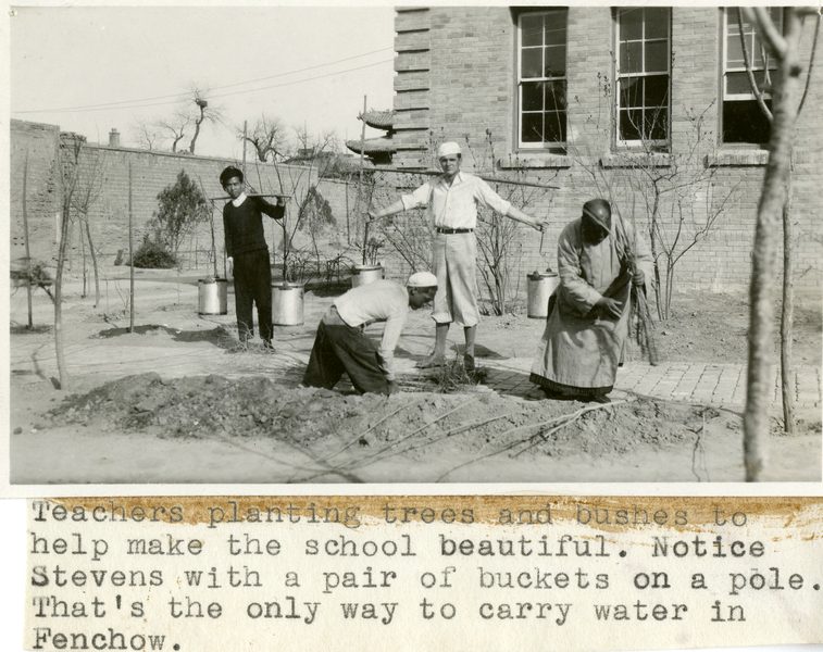 J. Stanley Stevens '32 and local teachers plant trees on the grounds of the school.
