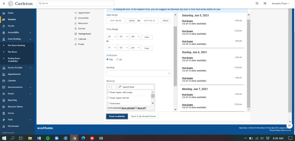 screen shot of how to book final exams with accommodations