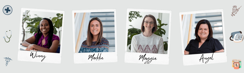 Banner features polaroid-style photos of SHAC nurse practitioners Winny, Maddie, Maggie, and Angel, along with small graphics of medical supplies.