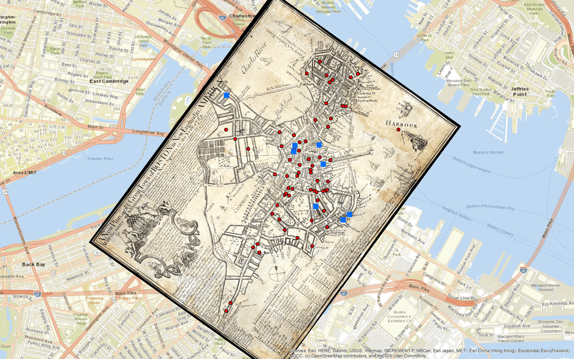 Locations of private homes and barracks accommodating soldiers during the Boston Massacre in 1770.