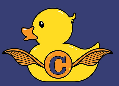 illustration of a rubber duck with a winged golden orb featuring a capital letter c