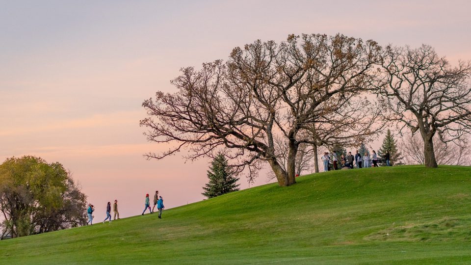 The Class of 2023 gathers for a bonfire on the Hill of Three Oaks on Friday, Oct. 25, 2019.