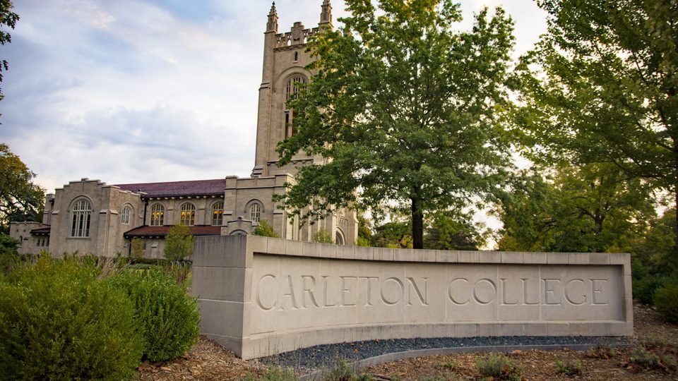 Carleton sign outside Skinner Chapel