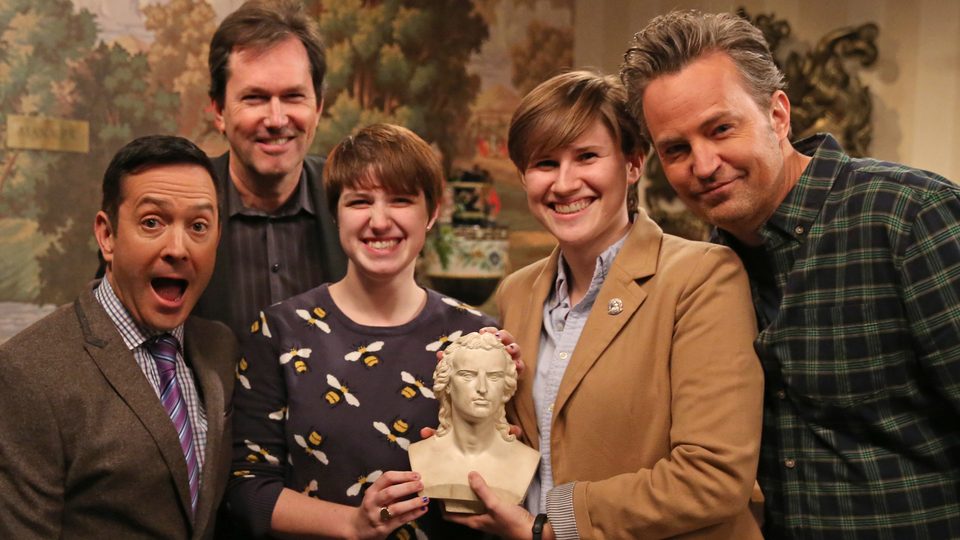 Carleton alumni and actors with Schiller on "Odd Couple"