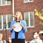President Alison Byerly with her Frisbee speaking to the Class of 2025.