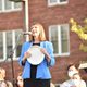 President Alison Byerly with her Frisbee speaking to the Class of 2025.