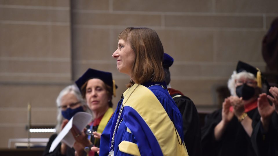 Alison Byerly smiling after being installed at Carleton's 12th President.