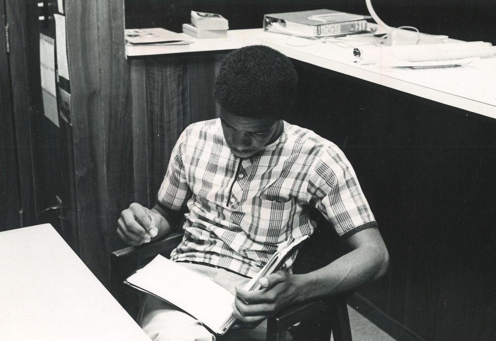 A student reads a book.