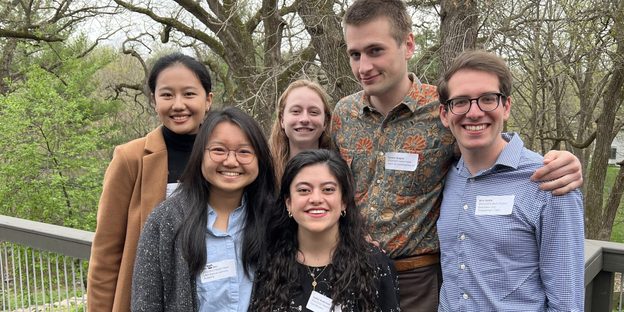 Group photo of 6 of the 7 the 2022-23 Weitz Fellows (Rebecca Chen, Ooi Win Wen, Emily Schulenberg, Isabel Anderson, Tyrone Quigley, Arlo Hettle)