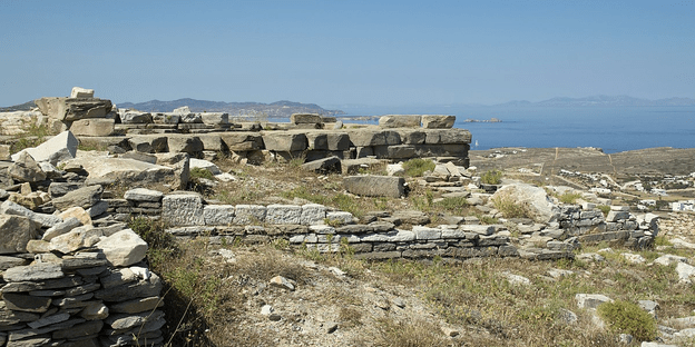 Photo of ruins of a Delian sanctuary site on the island of Paros, Greece