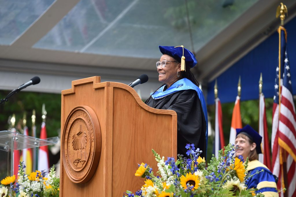 Commissioner Toni Carter '75 speaking at commencement 2022