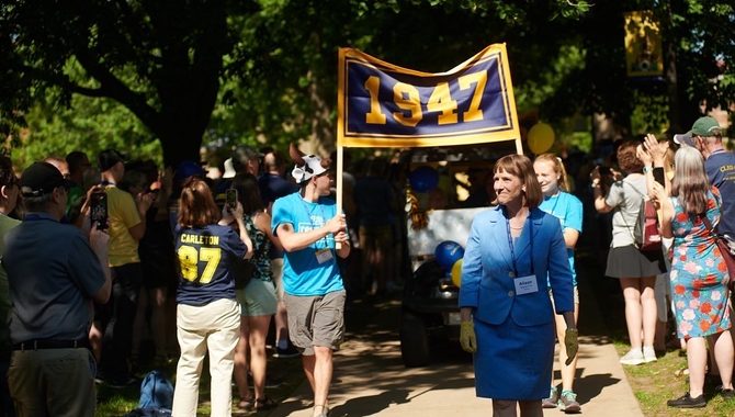 President Alison Byerly leads the Parade of Classes for Reunion 2022.