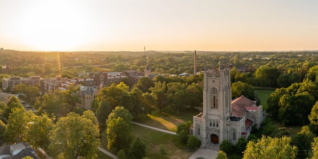 Aeriel view of Carleton's campus at sunset.