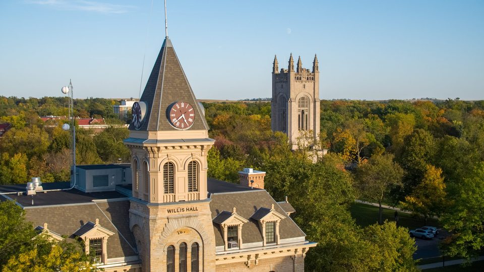 Aerial photo of Willis Hall with the Chapel visible behind it.