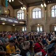 The inside of the Chapel, full of students listening to Opening Convocation.