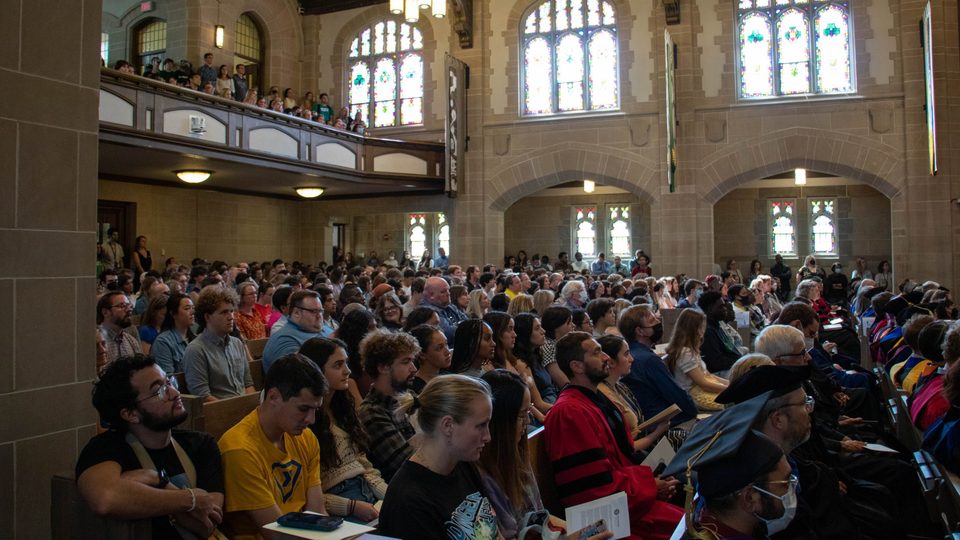 The inside of the Chapel, full of students listening to Opening Convocation.