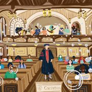 Colorful illustration of a Convocation event in the Chapel, with a diverse set of characers and bubbles floating around the frame.