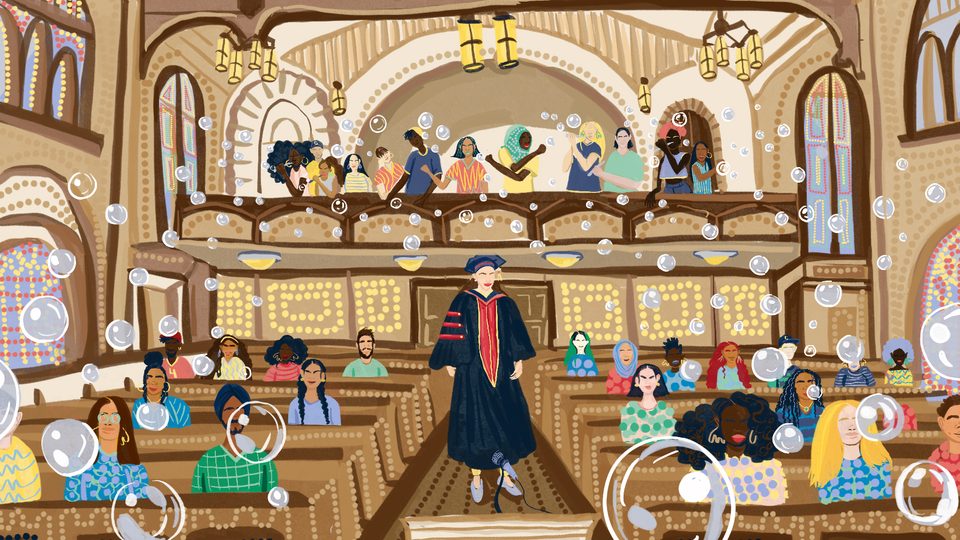 Colorful illustration of a Convocation event in the Chapel, with a diverse set of characers and bubbles floating around the frame.