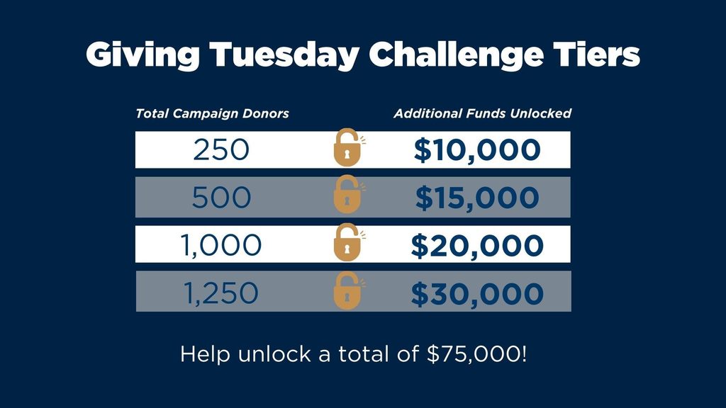 Graphic of Giving Tuesday Challenge Tiers. The category "Total campaign donors" is aligned with "additional funds unlocked," with 250 donors unlocking $10,000; 500 donors unlocking $15,000; 1,000 donors unlocking $20,000; and 1250 donors unlocking $30,000. The bottom of the graphic reads, "Help unlock a total of $75,000!"