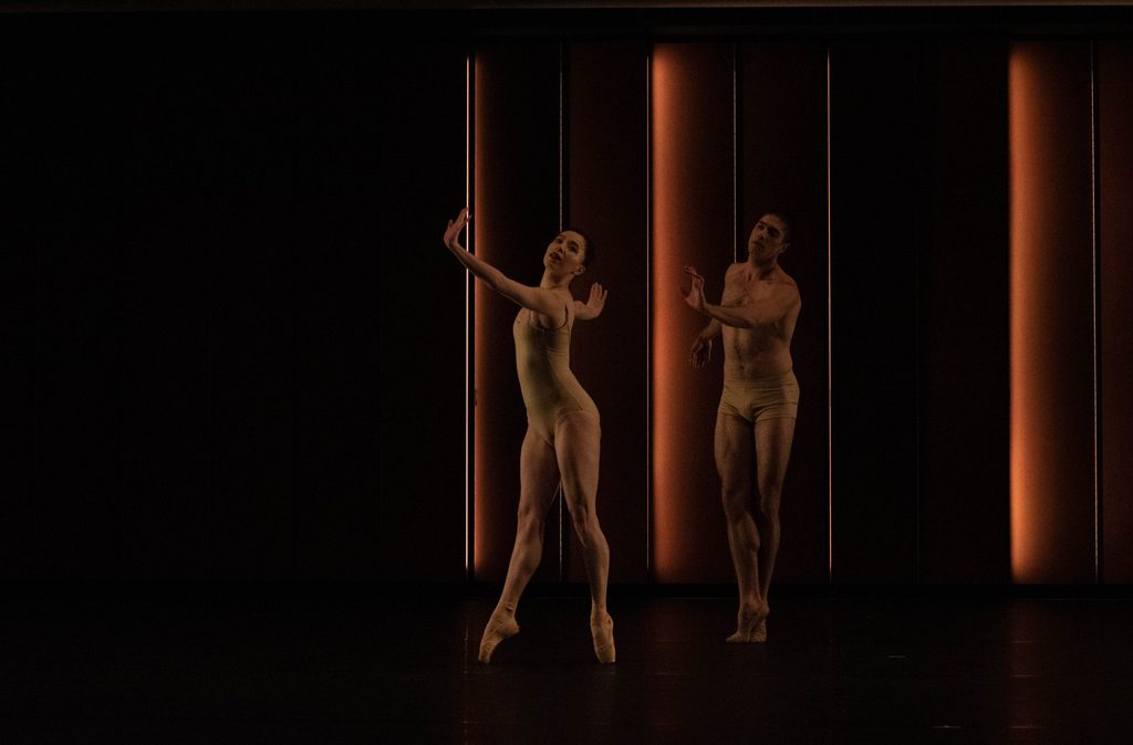 A ballet dancer en pointe balances in front of another dancer on the balls of their feet. They are bathed in warm golden light.