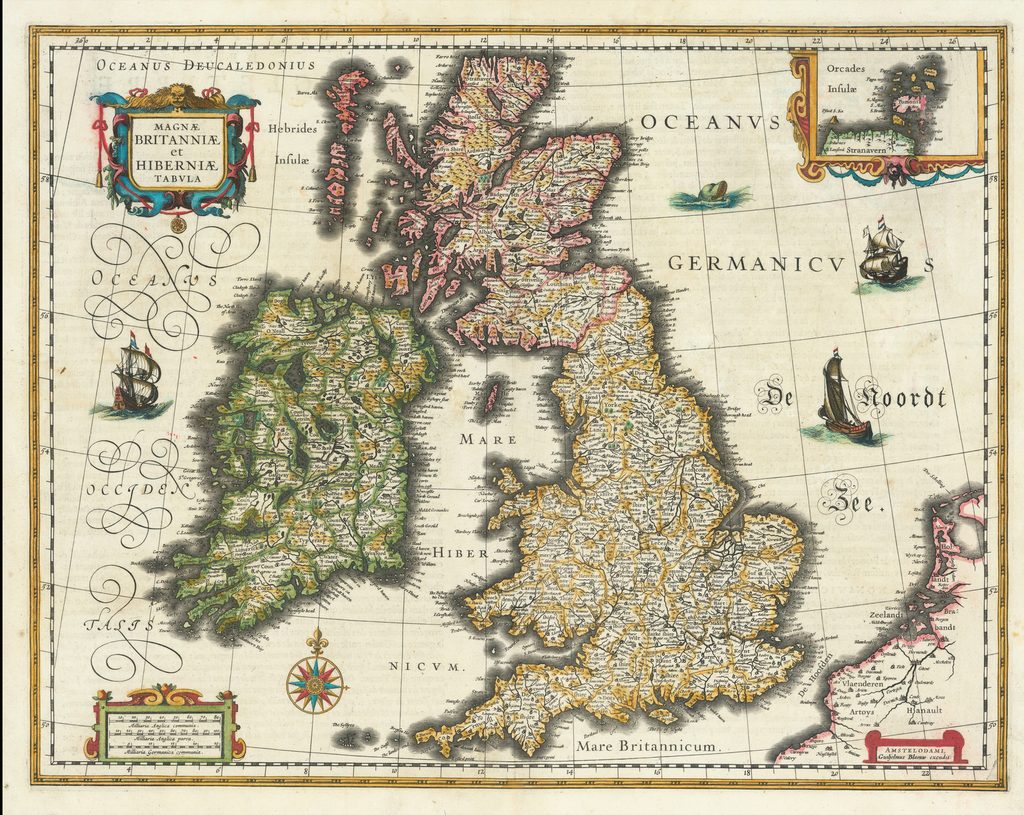 An old map of Britain, mostly sepia but with some color.
