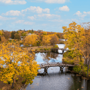 Lyman Lakes surrounded by yellow-leaved trees, focusing on the bridges that span the water.