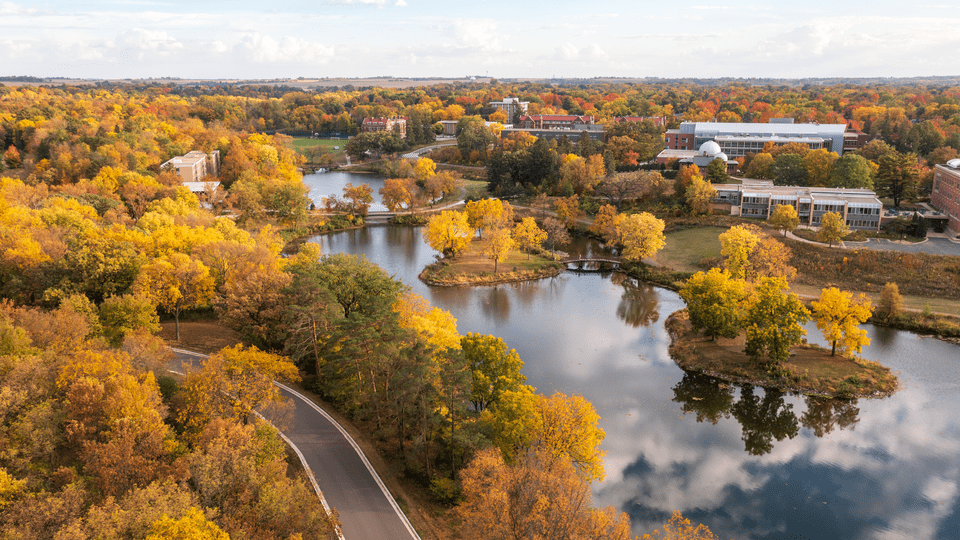 Aerial shot of campus, focusing on Lyman Lakes in the foreground.