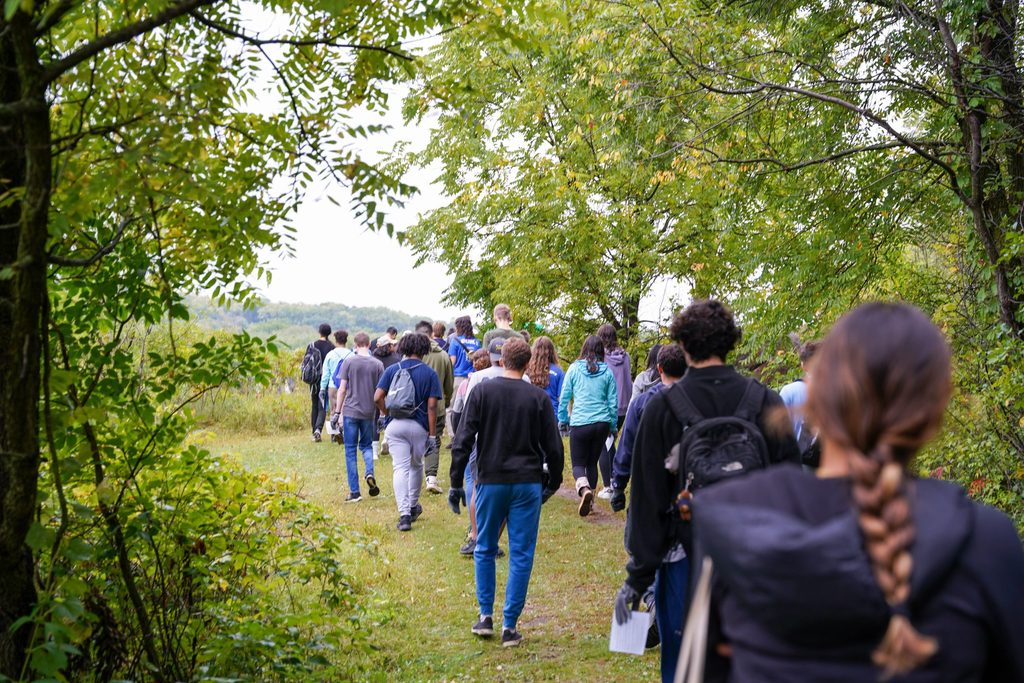 A group of students walk away from the camera through the forest.