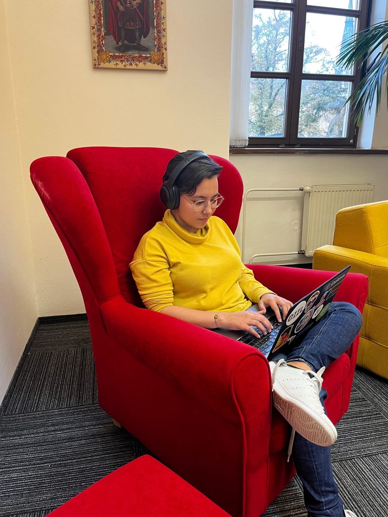 A student sits on their laptop in a red armchair.