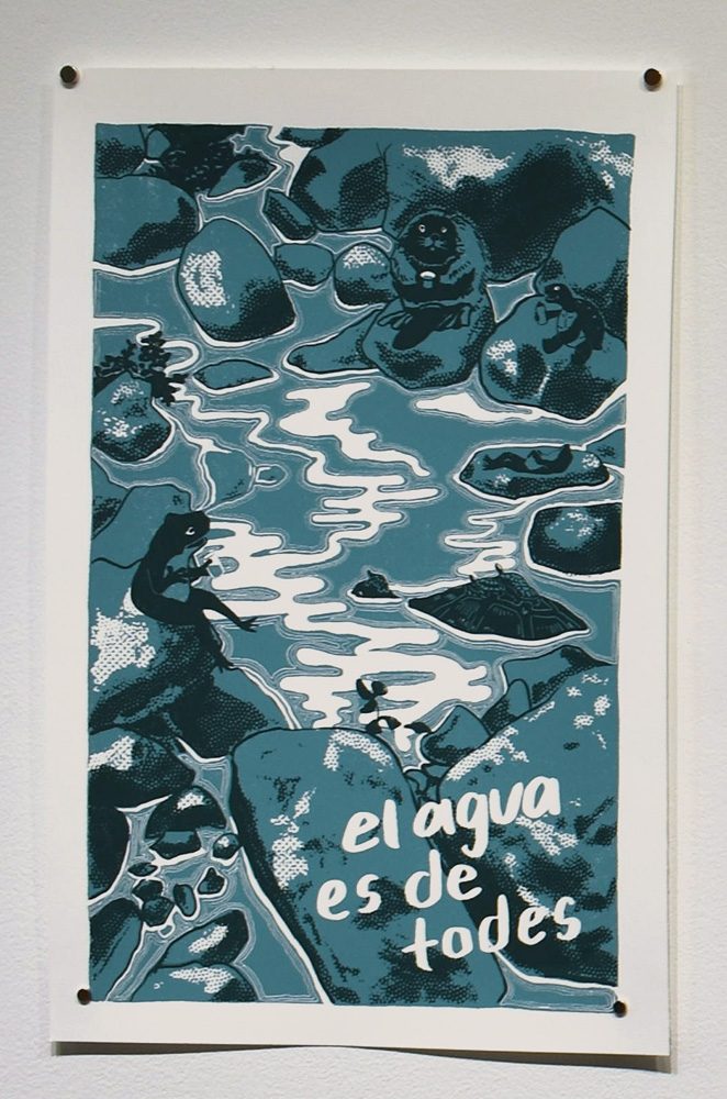 Illustration of pond animals with words "el agua es de todes"
