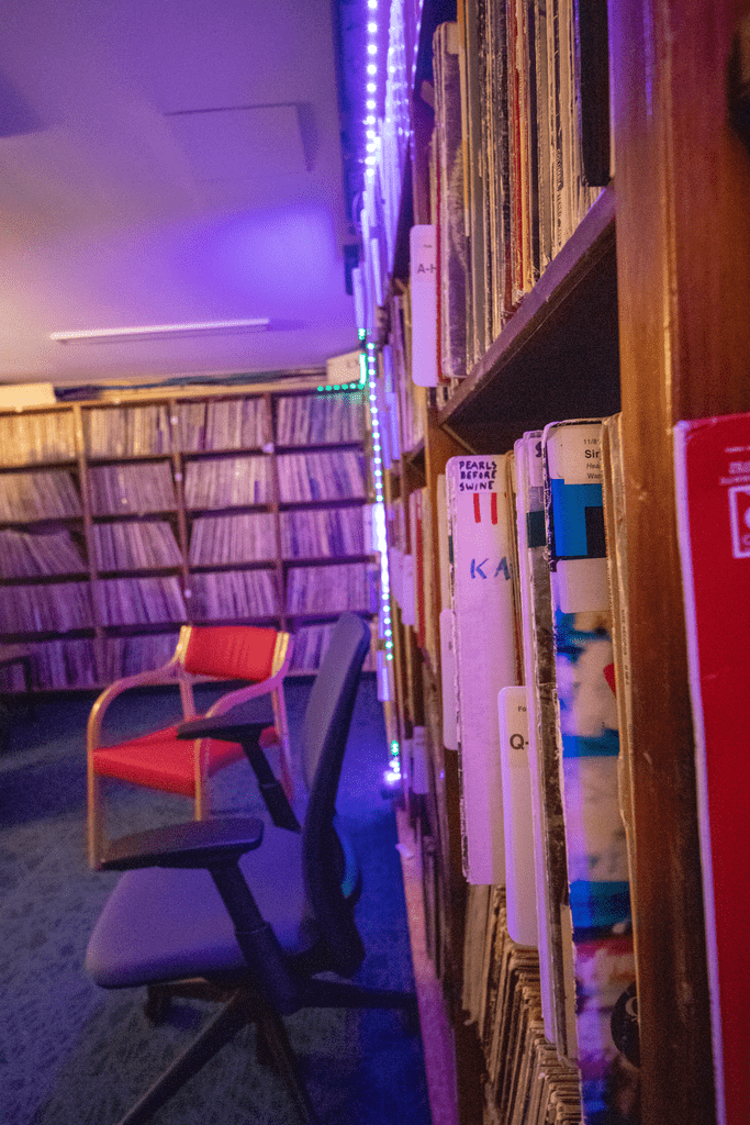 Close up on the shelves of the Record Libe.