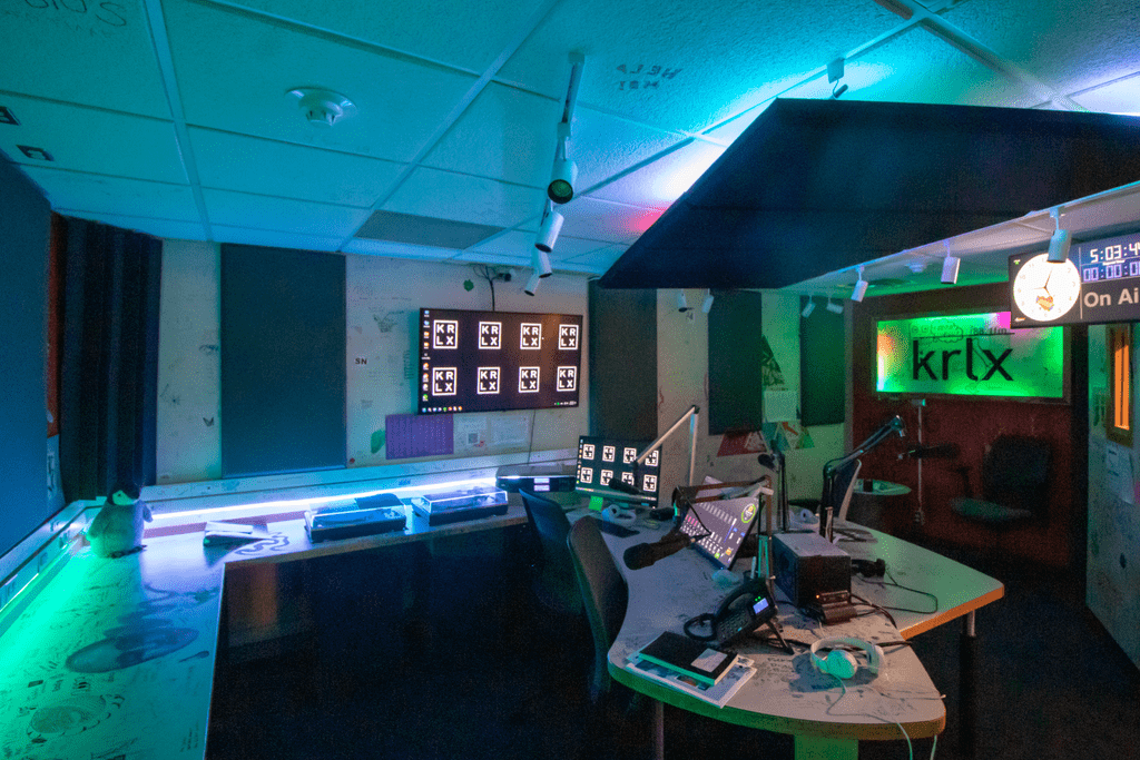 KRLX recording area, lit with colored lights.