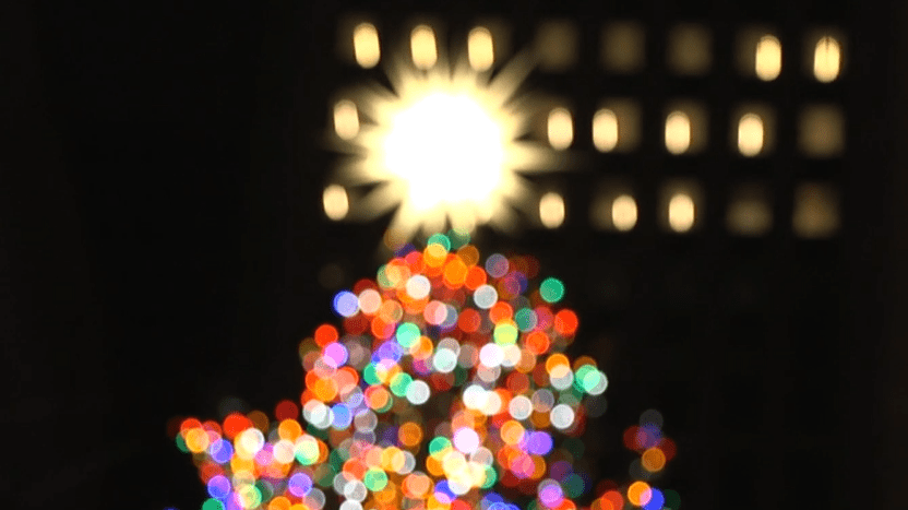 Out of focus image of a lit up Christmas tree