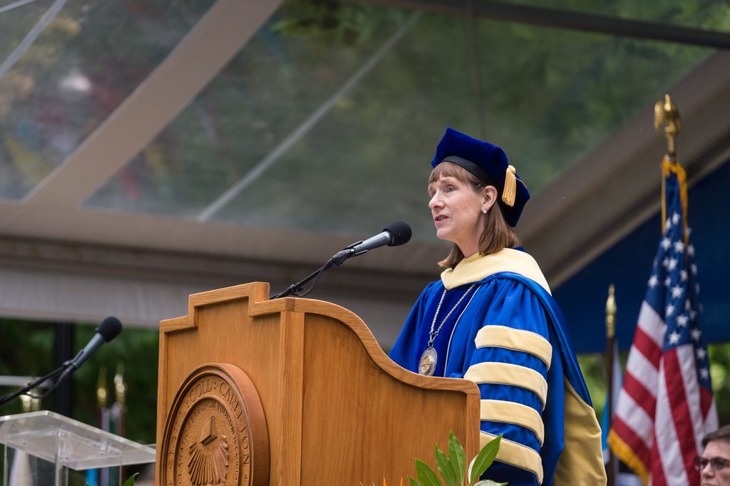 Alison Byerly giving a speech at Commencement.