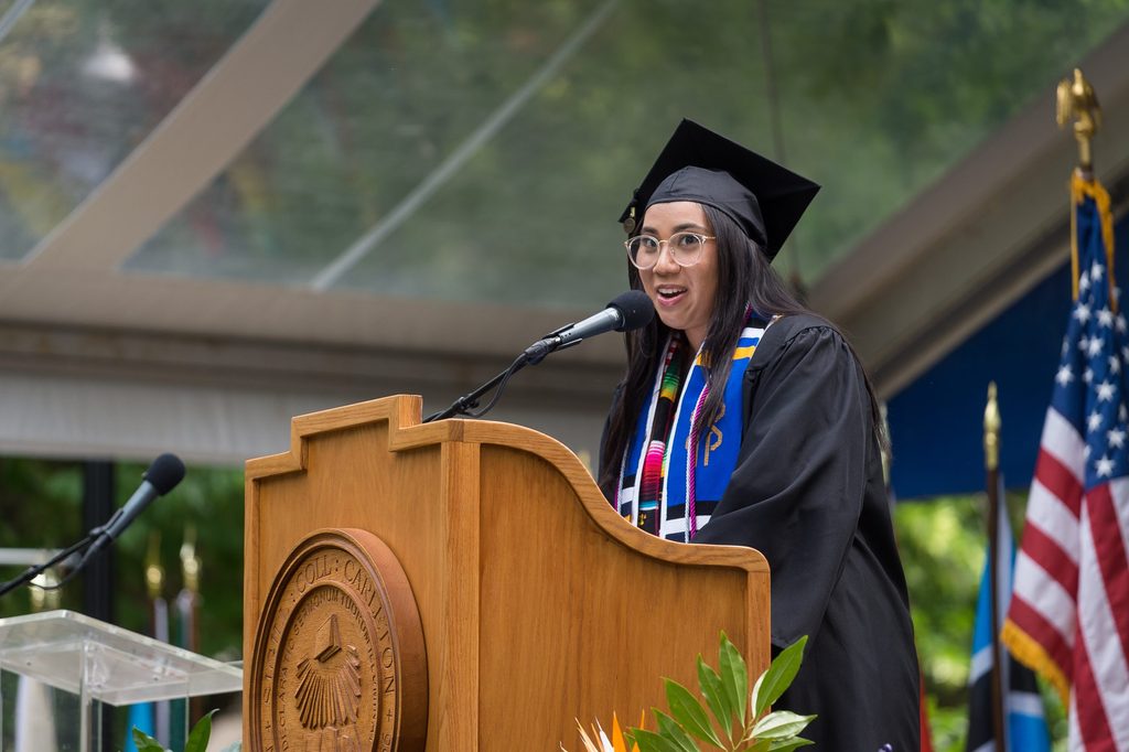 Cristina Camarillo ’23 giving a speech at Commencement.